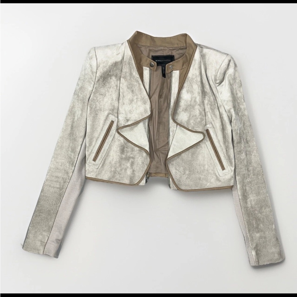 BCBG Maxazria Long Sleeve Sloan Faux Suede Cropped Moto Jacket Gray Tan Medium - Picture 3 of 16